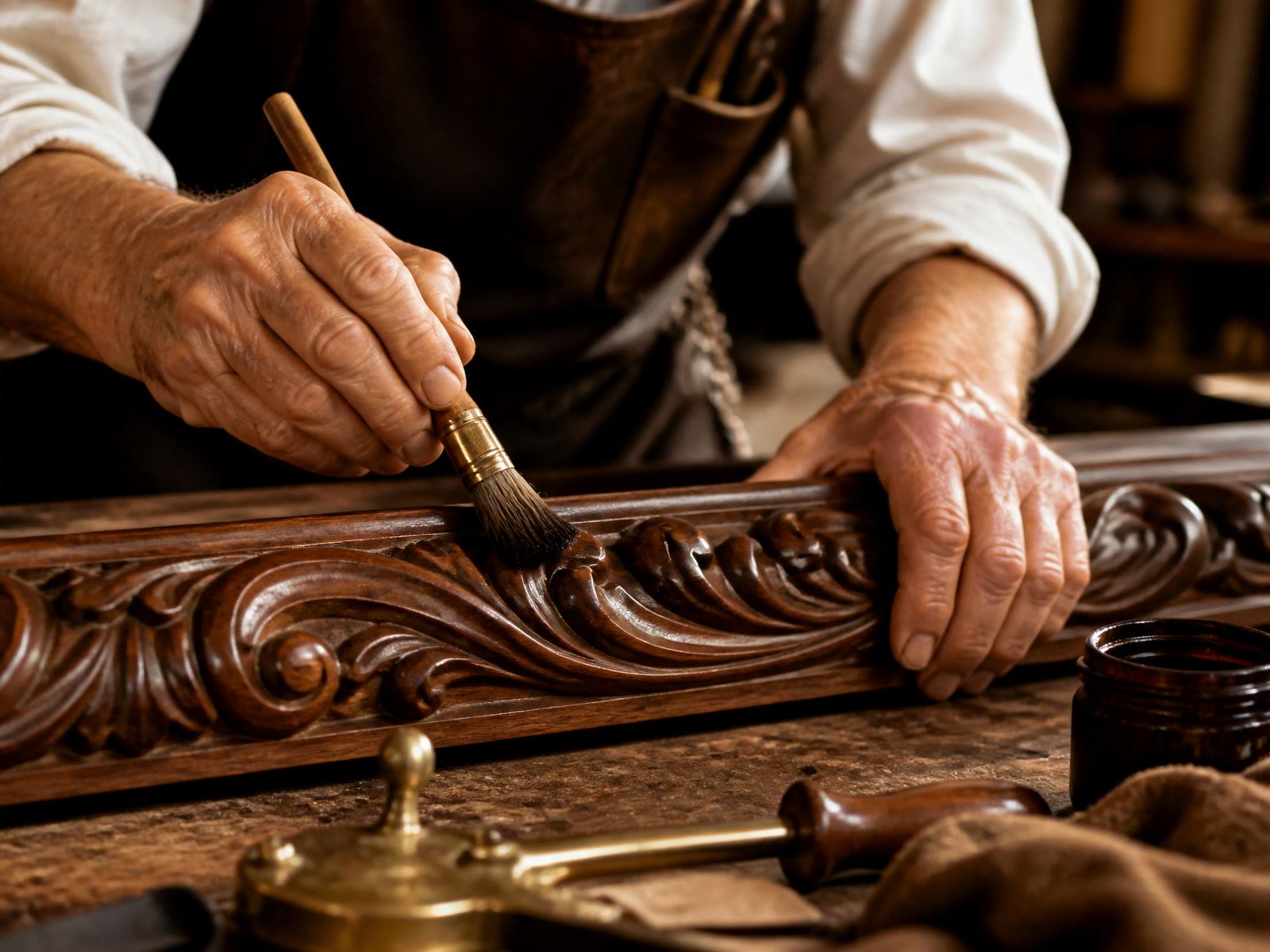 Craftsman applying finish to hand-carved wood molding