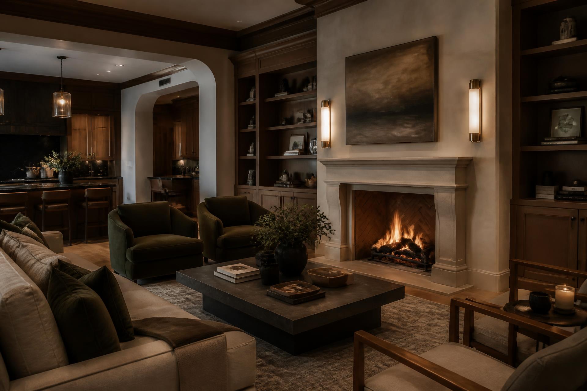 Renovated living room with limestone fireplace and warm oak millwork